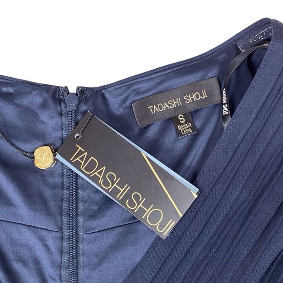 Tadashi Shoji Navy Pintuck Jersey Cocktail Dress Size Small V-Neck Mesh Hem NWT - Picture 5 of 15